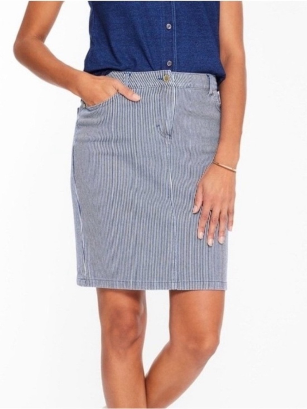 Striped Blue Cotton-Blend Pencil Skirt